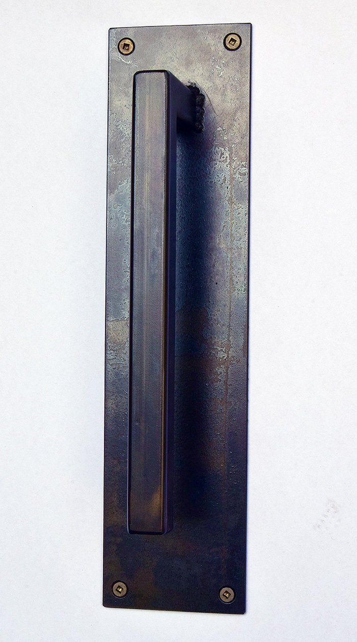 Large Industrial Steel Door Pull on Backing Plate